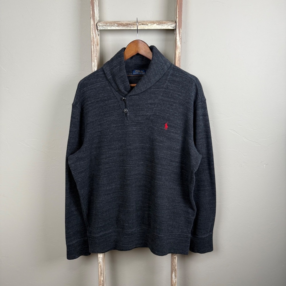 Vintage Polo Ralph Lauren Gray Black Shawl Pullover Sweater Large‎